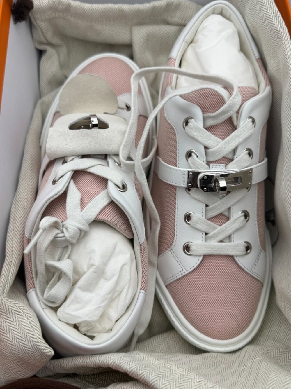 Hermes Day Sneakers Leather Canvas Pink White 37